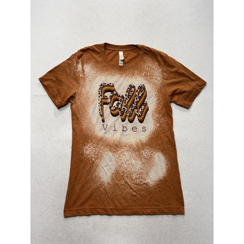 Bella + Canvas Shirt Womens S Orange Fall Vibes Leopard Graphic Tee Bleached